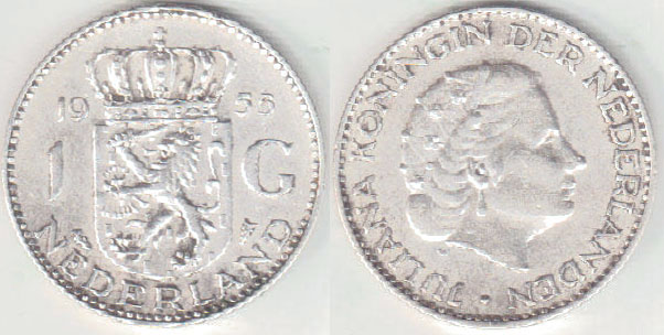 1955 Netherlands silver 1 Gulden A004254